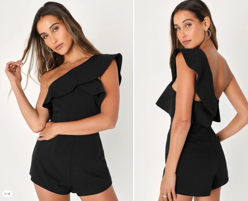 Lulus Butterfly Effect Black One-Shoulder Romper Woven Ruffle Size Small